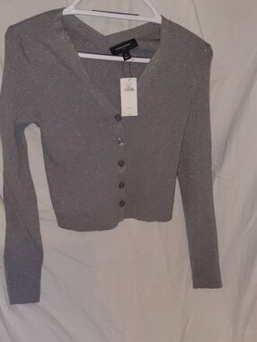 Banana Republic Silver Metallic Ribbed V-Neck Button Cardigan